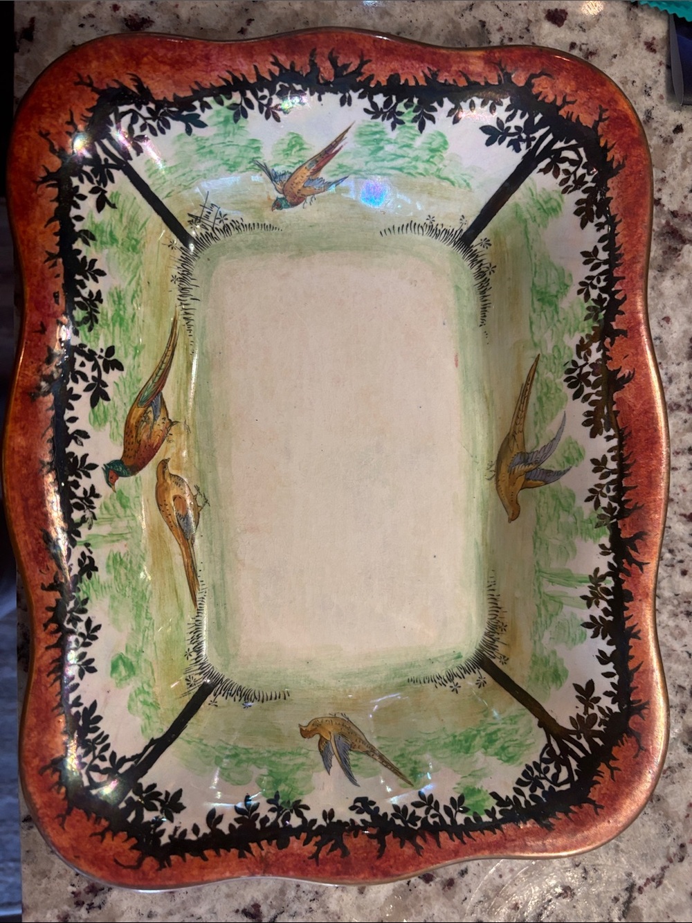Hand-Painted Ceramic Serving Platter with Bird Motif in Rust and Green